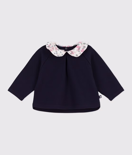 Felpa in cotone tinta unita con colletto stampato neonata