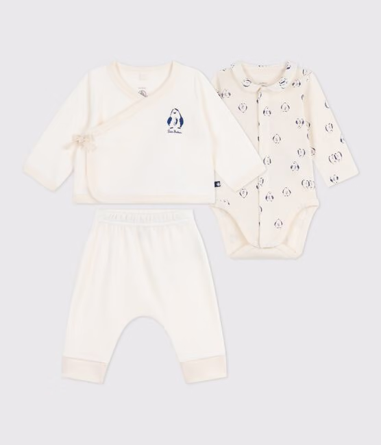 Set 3 pezzi neonato con coprispalle e body con pinguini stampati