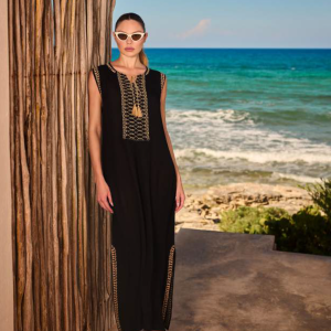 Abito Lungo Nero con Ricamo Fattore C