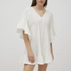 Abito corto bianco in cotone con volant