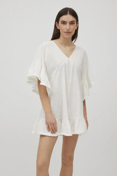 Abito corto bianco in cotone con volant