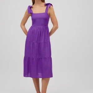 Abito midi viola in lino con spalline regolabili e fiocco