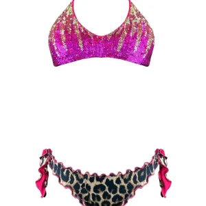 Bikini Brassiere Paillettes Fiammate Oro Fucsia