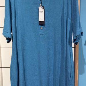 Caftano in Lino Bisbigli – Turchese con Dettaglio Bottoni