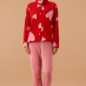 Completo casa MaryPlaid in coral fleece con stampa a cuoricioni