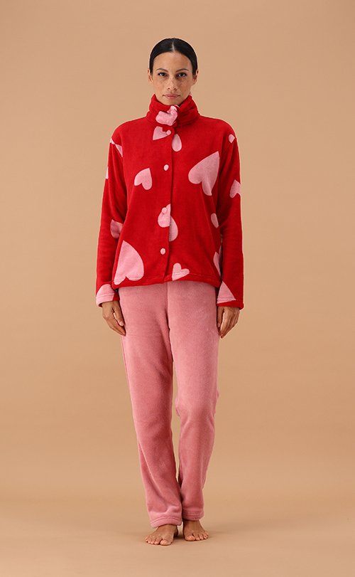 Completo casa MaryPlaid in coral fleece con stampa a cuoricioni - immagine 2