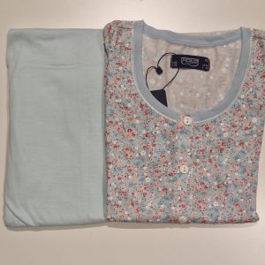Pigiama Linclalor donna in cotone leggero con maglia a fiorellini e pantalone celeste