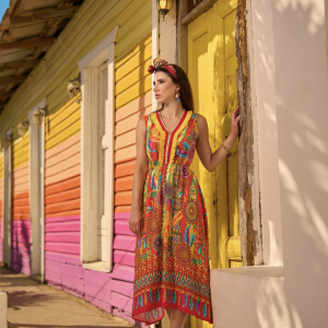 Abito midi a spalla larga con fantasia Rio de Janeiro