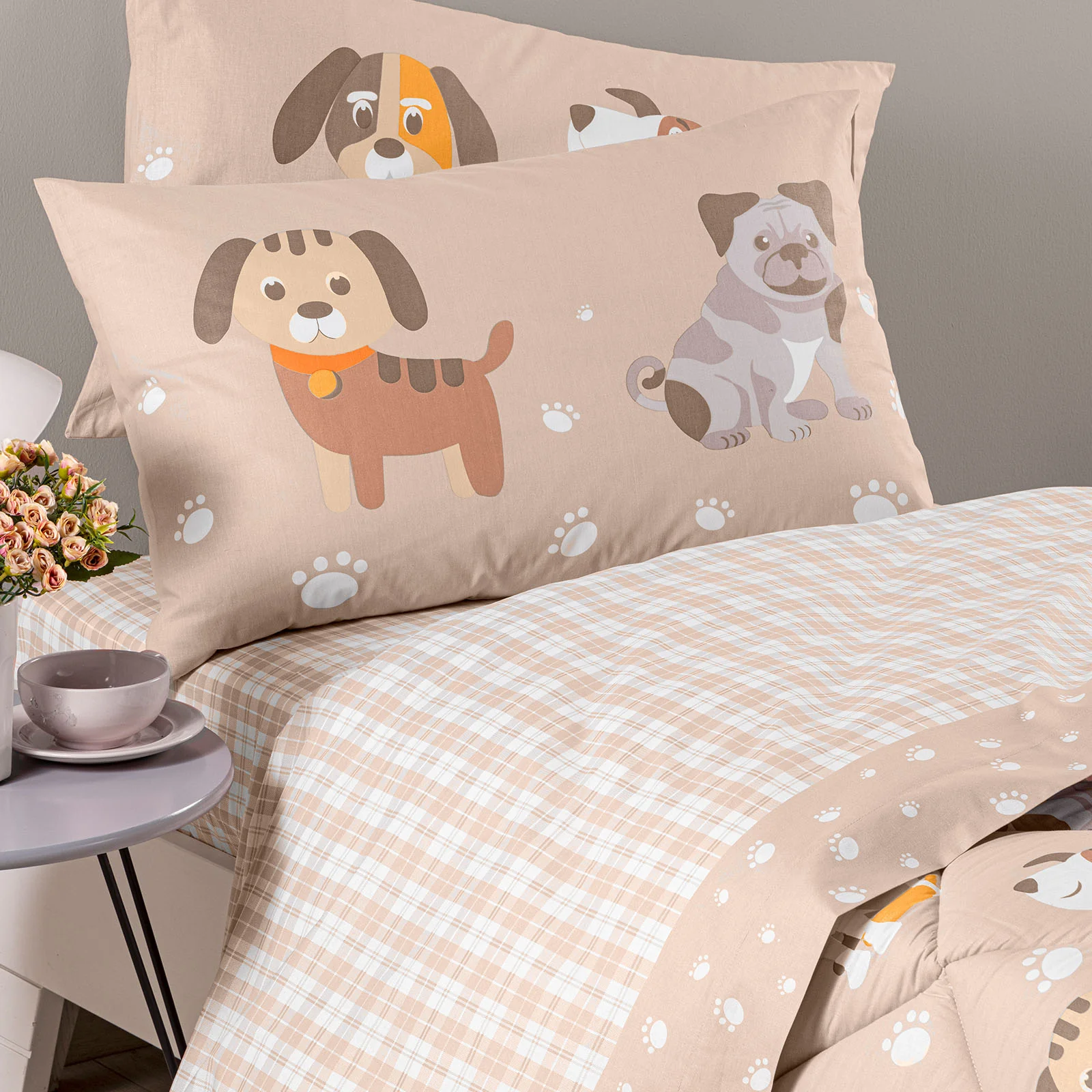 Completo Lenzuola In Cotone Cuccioli Singolo Naturale Caleffi Kids - immagine 2