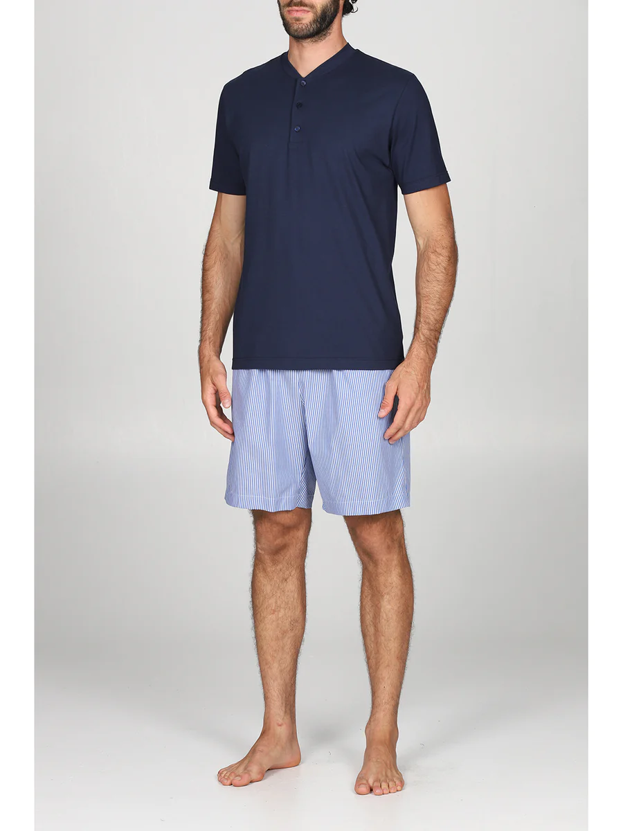 Pigiama corto a serafino in jersey e popeline di puro cotone con il pantaloncino a righe